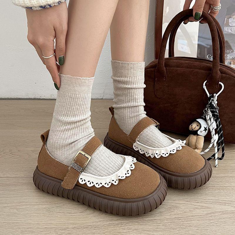 Универсальные бархатные теплые хлопковые туфли 2025 осень и зима новая японская шнуровка милый круглый носок мелкий вырез туфли Мэри Джейн женские