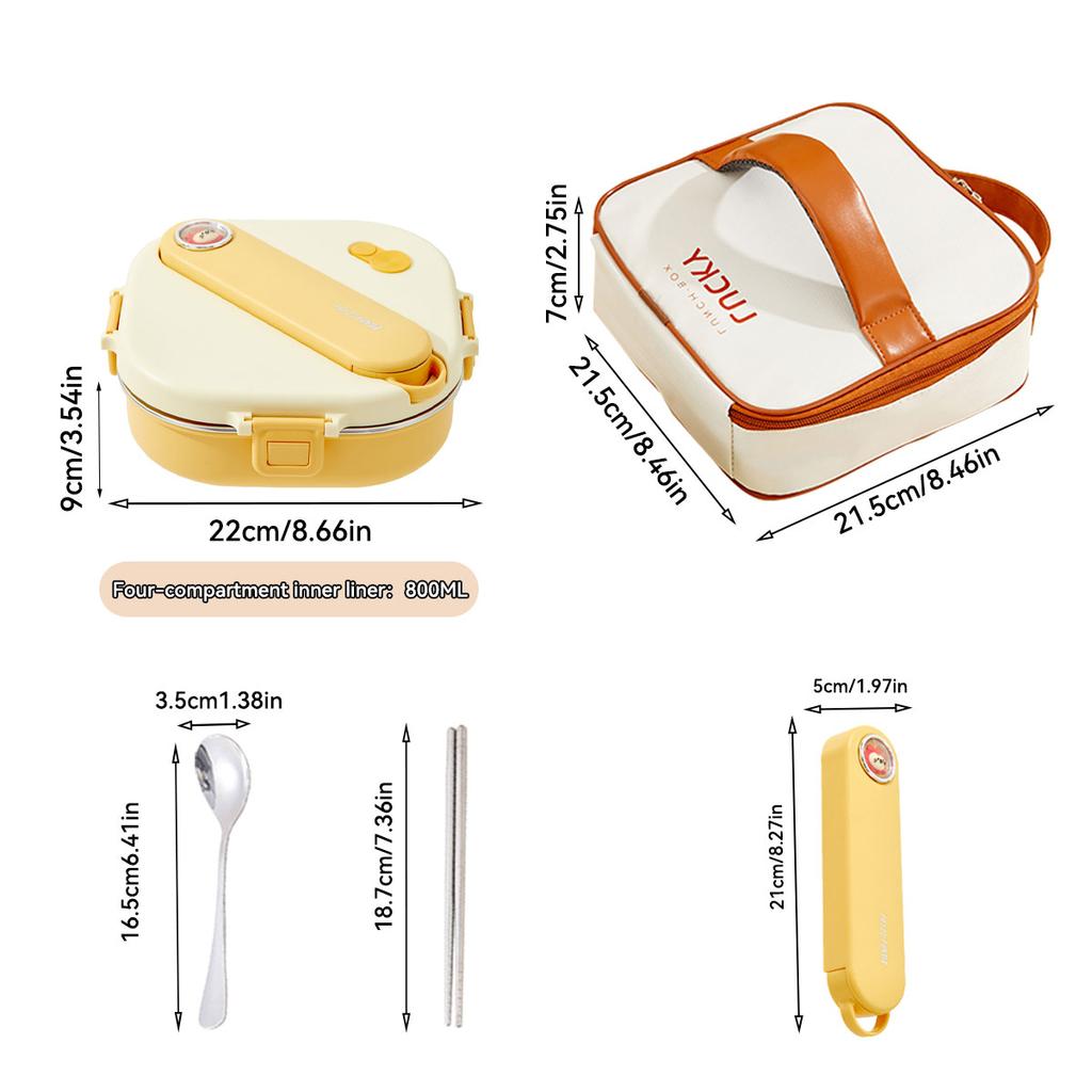 800Ml 304 Stainless Steel Divided Lunch Box With Cutlery Microwave 3/4 Grids Leak Proof Large Capacity Lunch Container
