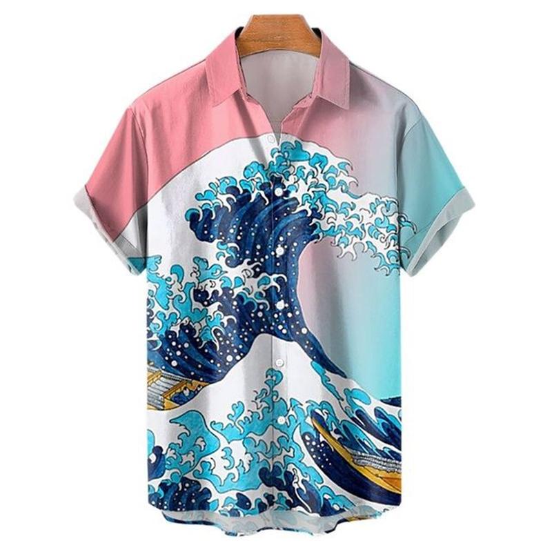 Men's Hawaiian Retro Waves Shirts 3D Printed Short Sleeves Casual Lapel Beach Style Tops Fashion Versatile Style Clothing