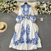 New Fashion Runway Red And White Porcelain Dress Women's Stand Long Lantern Sleeve Blue Floral Print Shirt Robe Dresses