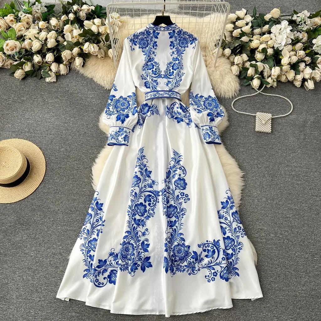 New Fashion Runway Red And White Porcelain Dress Women's Stand Long Lantern Sleeve Blue Floral Print Shirt Robe Dresses