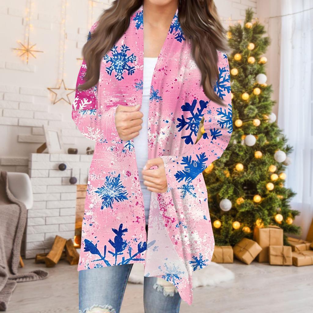 Женская мода повседневная рождественская печать средней длины кардиган куртка пальто
