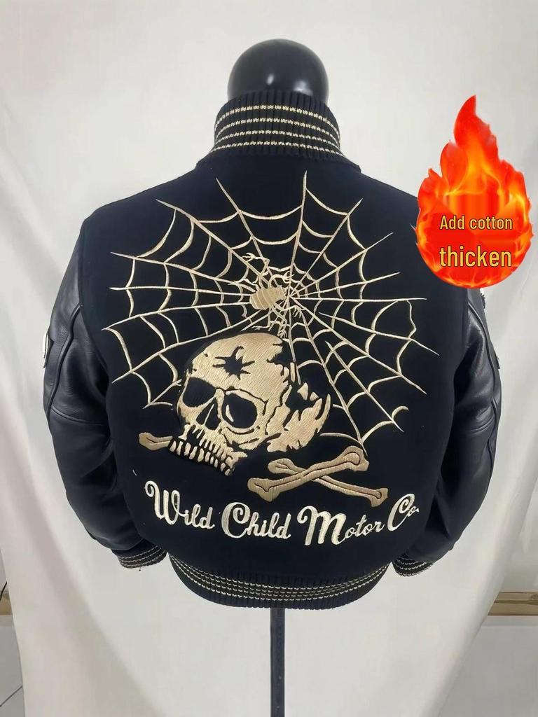 Американская кожаная бейсбольная куртка с воротником-стойкой, приталенная, с изображением черепа и рыцаря