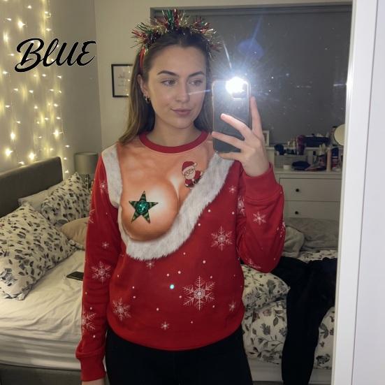 Long Sleeve Sweatshirt Christmas with Exposed Breast Print, Crewneck Pullover for Women Loose Women, Fake Low Cut Boob Pattern Top Xmas Party