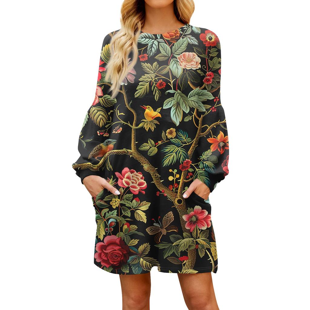 Fashion Womens Long Sleeve A Line Dress Fall Casual Pullover Crewneck Loose Fit Dress With Pockets