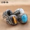QIBAOKU Новое ретро кольцо Титановая сталь Натуральная бирюза Тигровый глаз Камень Кольцо Модное мужское Персонализированное Панк Кольцо из нержавеющей стали