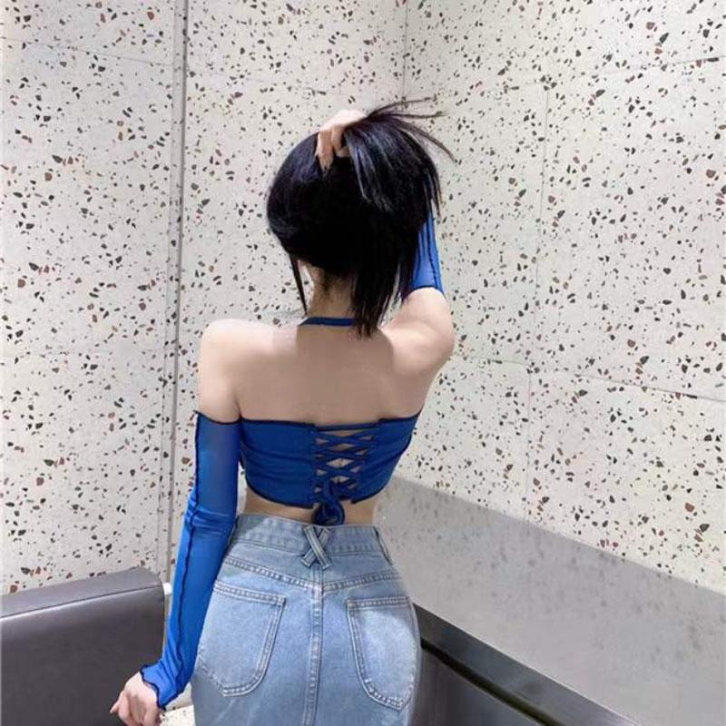 Рубашка в перчатках с длинным рукавом Синие женские футболки Y2k Сексуальные узкие укороченные топы с открытыми плечами на бретельках Летний модный топ Egirl Весна и лето