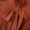 INCERUN Men Bow Tie Stand Neck Long Sleeve Ruffled Irregular Layers Tops Shirts