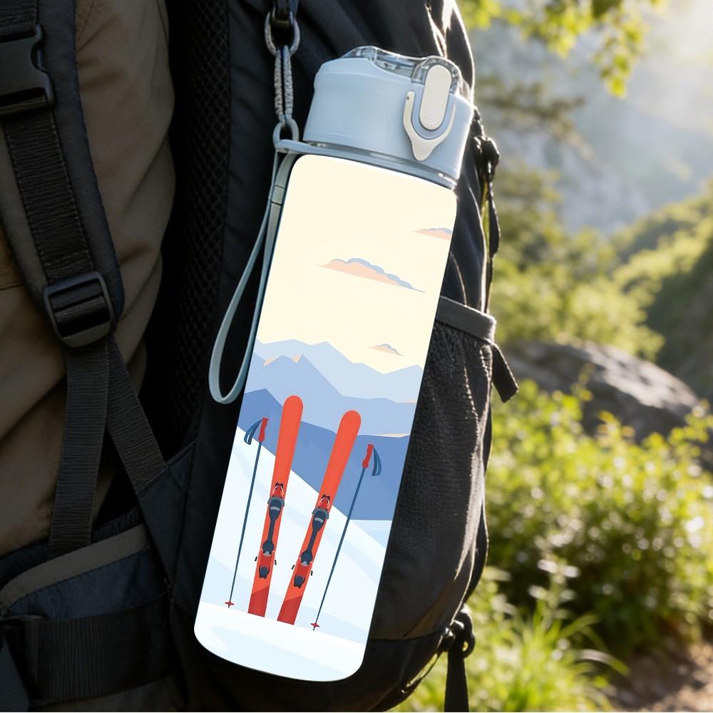 1PC Ski Mountain Winter Snow Landscape Print 750ml Color Plastic Sports Water Bottle Leakproof Flip Straw Lid Suitable for Sports Office Home Use