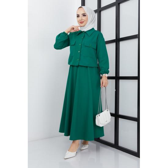 Женский хиджаб с карманом на пуговицах и эластичной расклешенной юбкой с манжетами