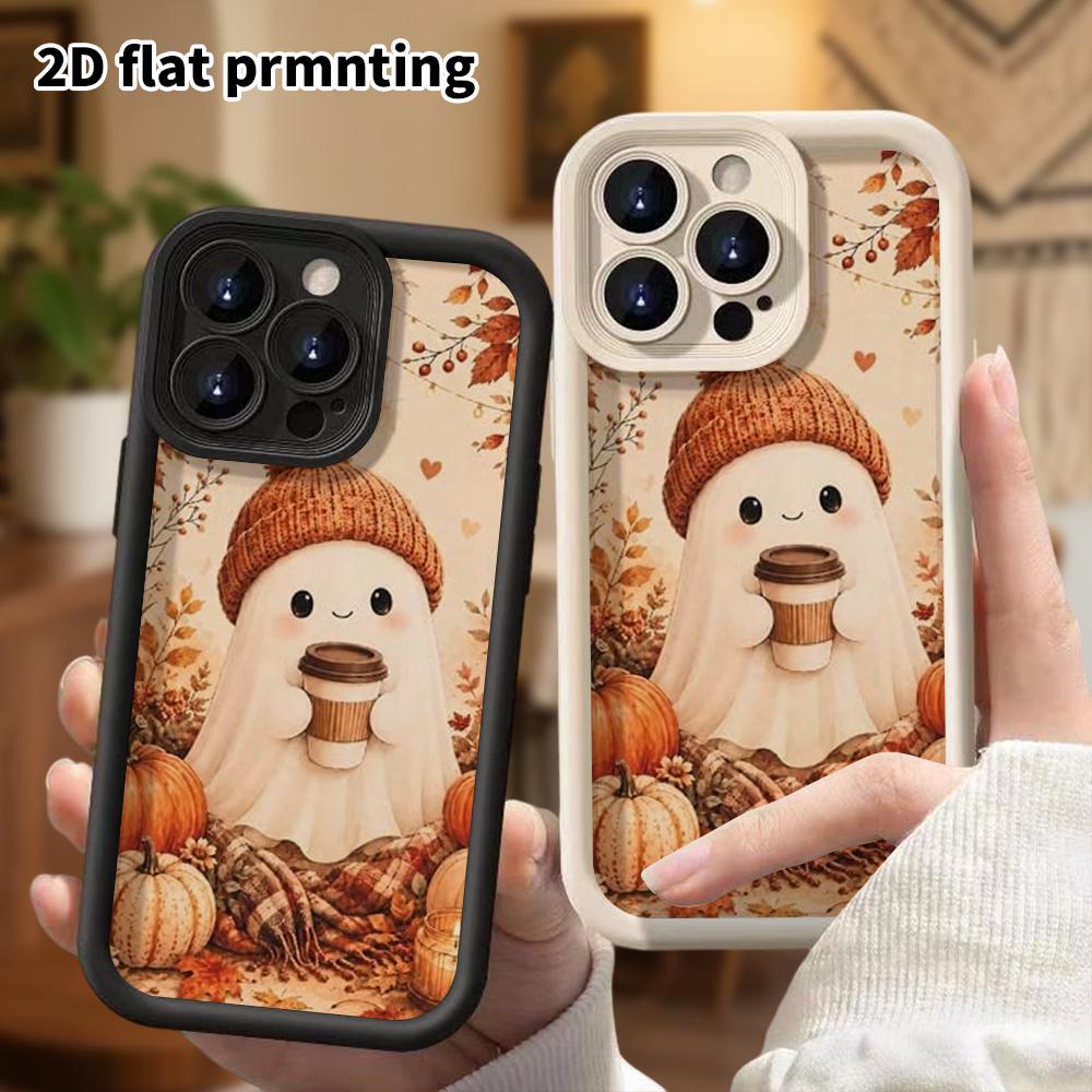 Phone Case: 2D flat design suitable for iPhone 18 17 16 15 14 13 Pro stepped protective case, cute little ghost, Christmas and Halloween gift