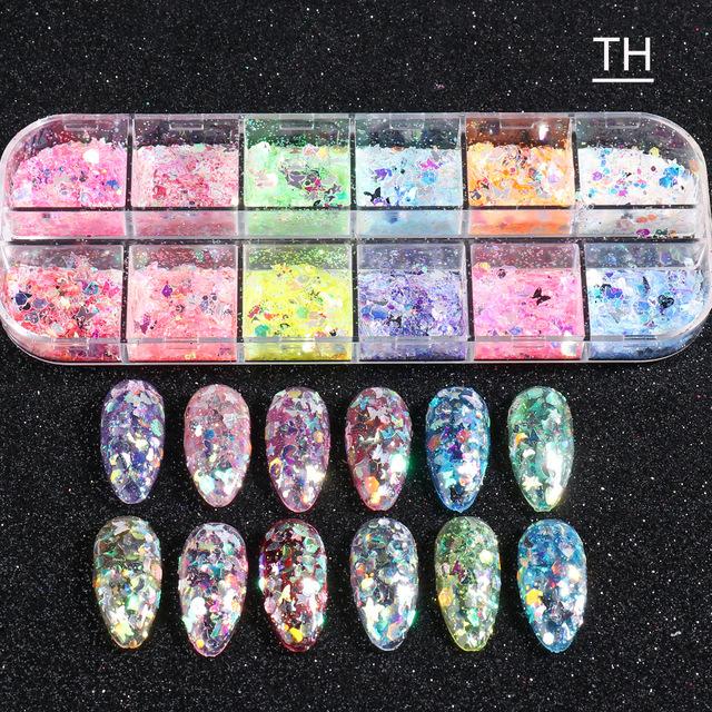 12 Grid Holographic Nail Flake Fluorescent Nail Glitter Powder Butterfly Chameleon Irregular Laser Gradient Foil Decoration