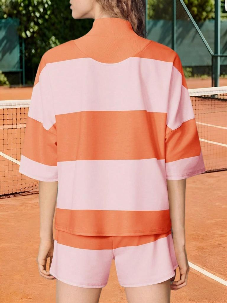 Women's Two Piece Striped Sweatshirt and Shorts Set Summer Matching Lounge Tracksuit