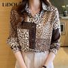2022 Spring New Leopard Patchwork Print Satin Shirt Women Korean Style Polo Neck Long Sleeved Blouses Elegant Fashion Casual Top