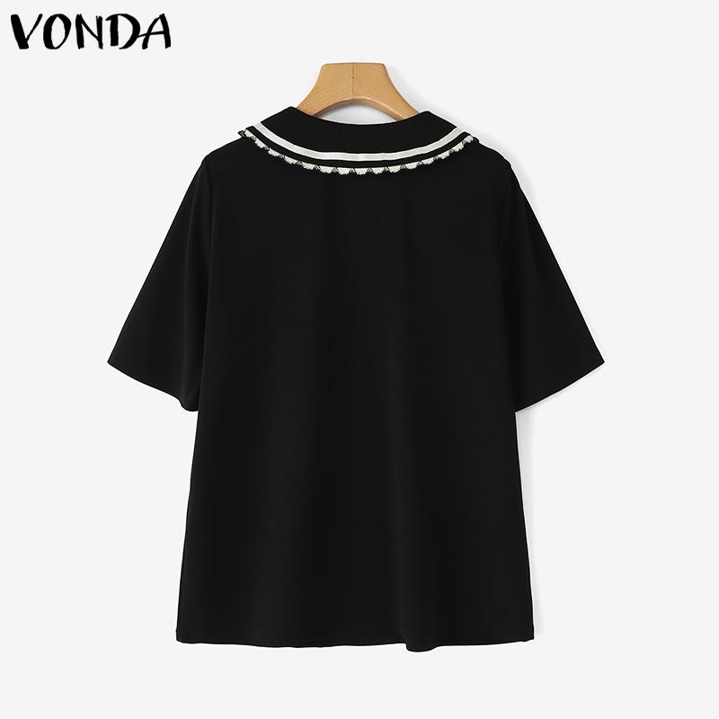 VONDA Women Doll Collar Short Sleeve Stitching Print College Style Blouse