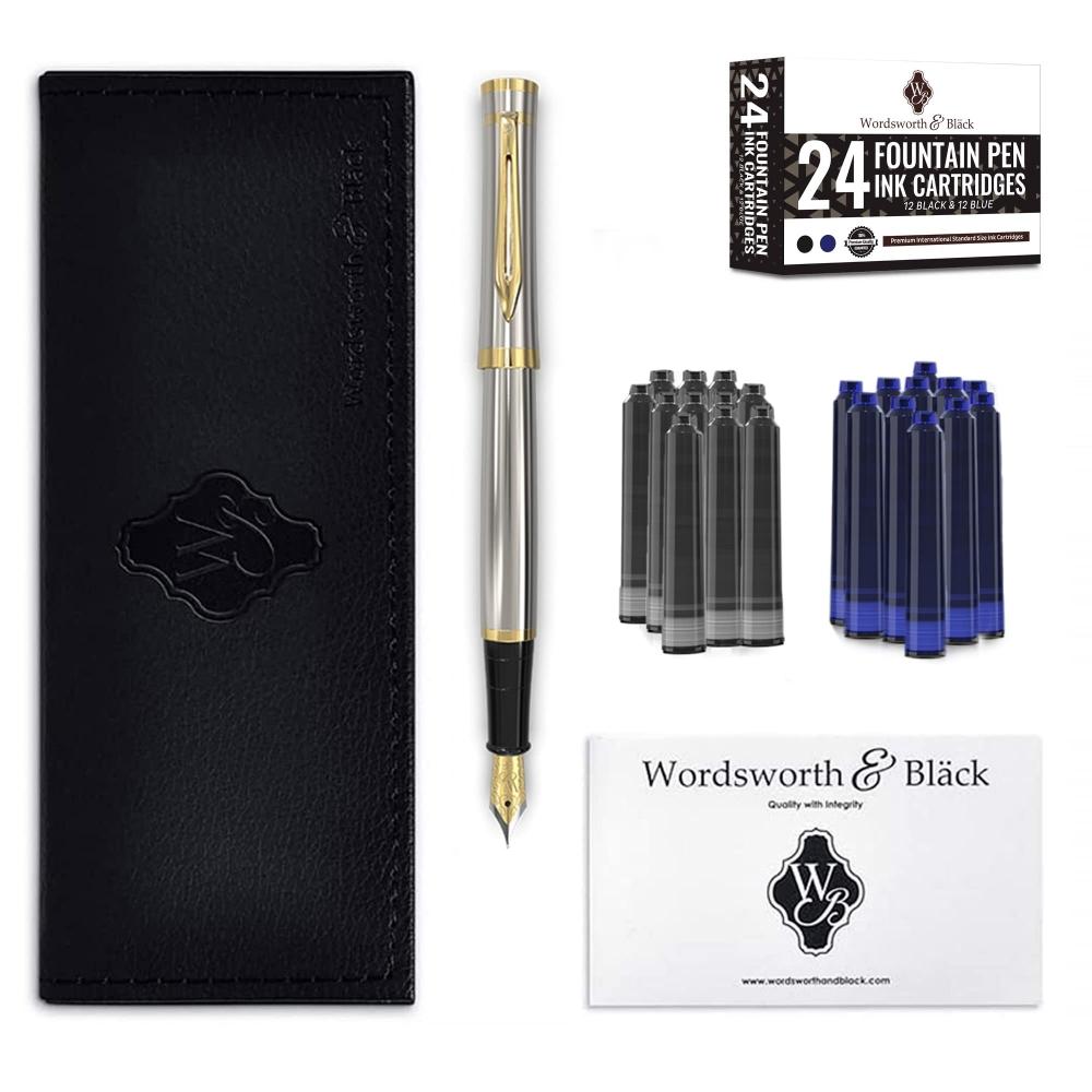 Wordsworth & Black Набор перьевых ручек, сверхтонкое перо 18 карат, 24 картриджа с чернилами, заправочный контейнер и подарочная коробка, золотое покрытие, каллиграфия, [Silver Go