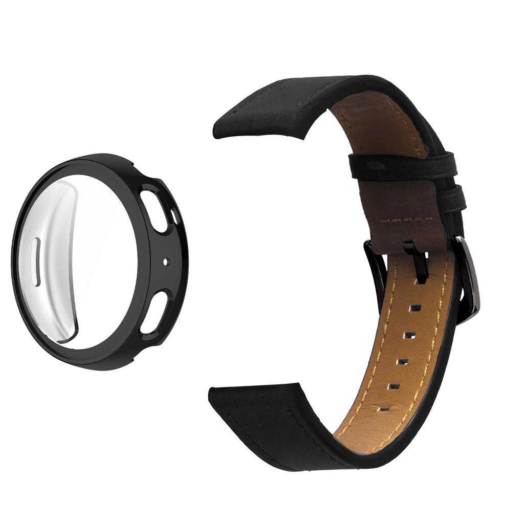 For Amazfit Active Max Soft TPU Protective Case &Genuine Leather Stitched Watch Strap Anti Scratch Shockproof Cover Set