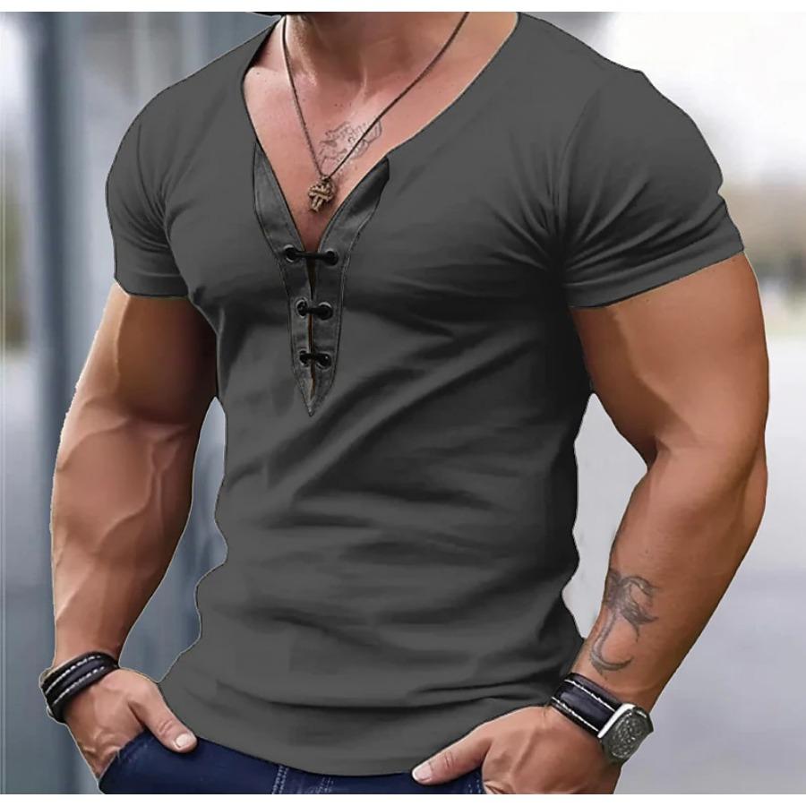Summer Men's Tee V-neck Color Matching Short Sleeve T-shirt Youth Slim Fit Sports Fitness Men Top