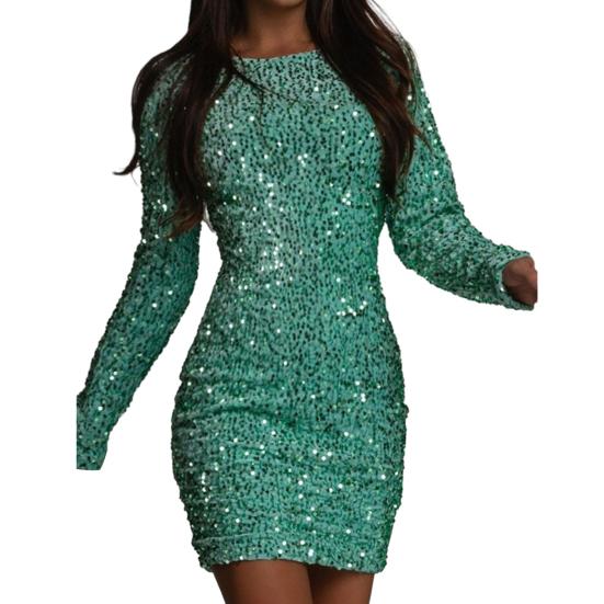 Женское платье с блестящими пайетками, облегающее платье-футляр с длинными рукавами и круглым вырезом, облегающее однотонное платье длиной выше колена, для выпускного вечера, клуба