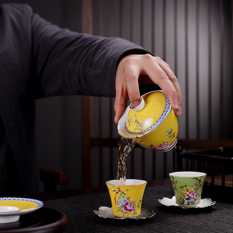 Court Style Cloisonné Enamel Sancai Gaiwan Ceramic Kung Fu Tea Set with Handmade Filigree Pahua Brewing Bowl