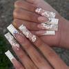 Rhinestone Embellished White Fake Nails Long Square UV Gel Cool Color Nails for Dance Parties Weekend Trips Parties