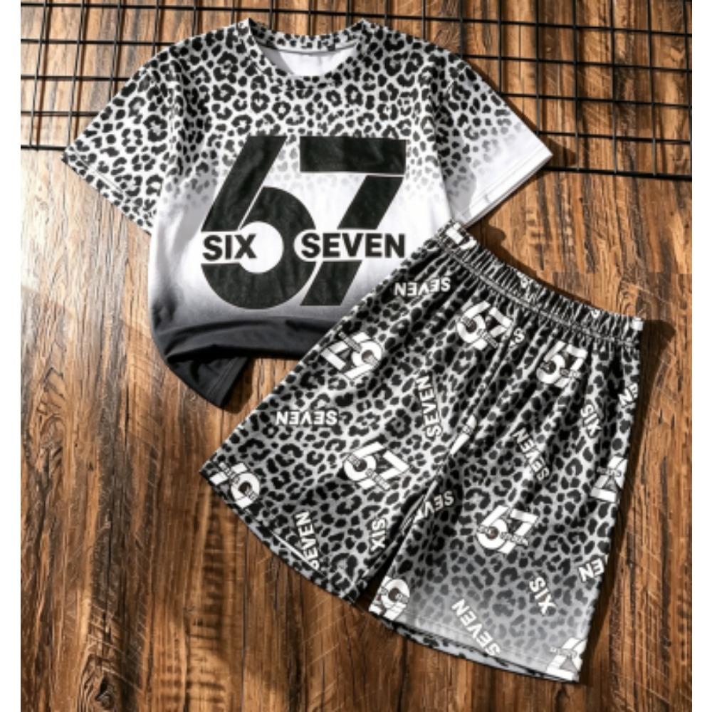 Fashion Kids Set Leopard 67 Number Printed Kids T-shirt and Shorts 2 Piece Set Summer Casual Outdoor Street Boy's and Girl's T-shirt Sets
