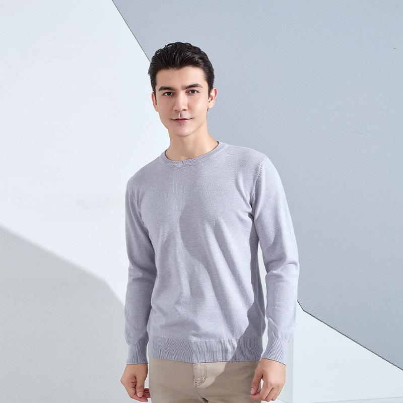 Осень и Зима Мужской Трикотажный Свитер с Круглым Вырезом, Свободный, Утепленный Пуловер, Однотонный, с Длинным Рукавом, Короткий, Деловой, Базовый, Теплый Свитер