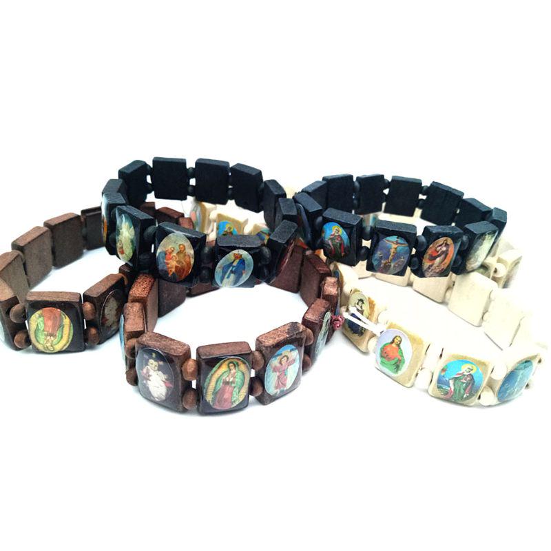 4pc Catholic Christian Supplies Wooden Icon Elastic Bead Bracelet Gift