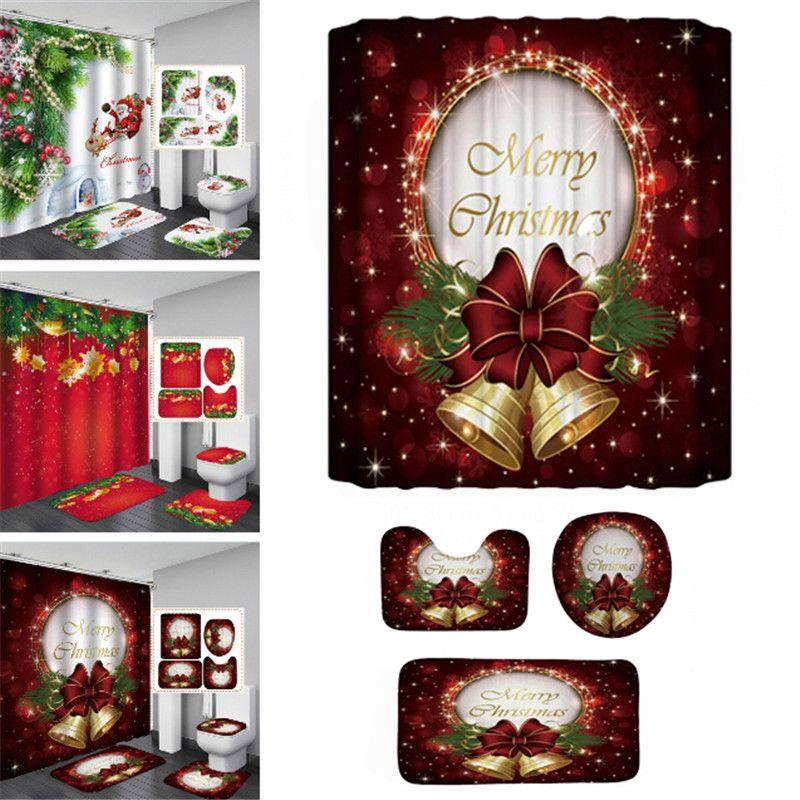 Festive Christmas Shower Curtain And Bathroom Mat Set With Waterproof Material