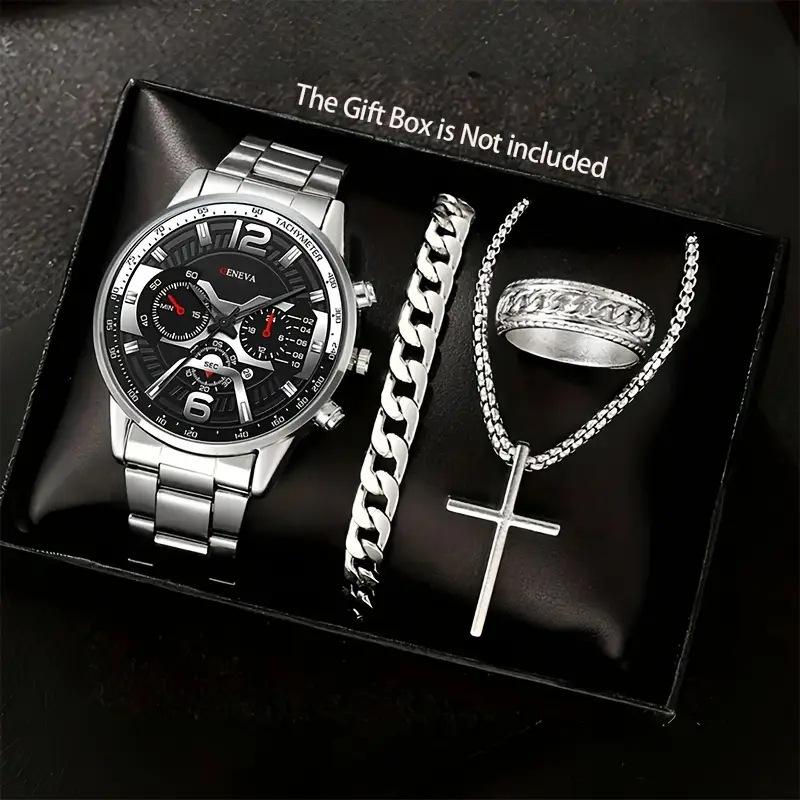Fashion Business Geneva Calendar Watches Men's Stainless Steel Bracelet Pendant Necklace Ring Quartz Watch Set for Men