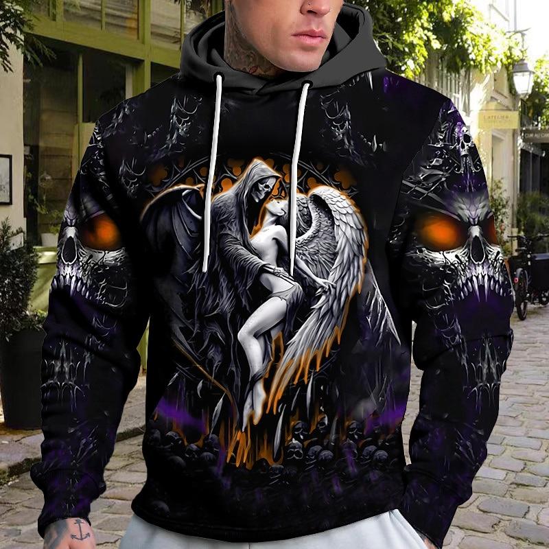 Осенняя новинка, мужская тонкая толстовка с капюшоном с 3D-принтом, повседневная удобная толстовка с капюшоном с 3D-цифровым принтом «Смерть и ангелы» для мужчин