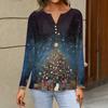 Women's Fashion Casual V-Neck Long Sleeve Decorative Button Christmas Print Top