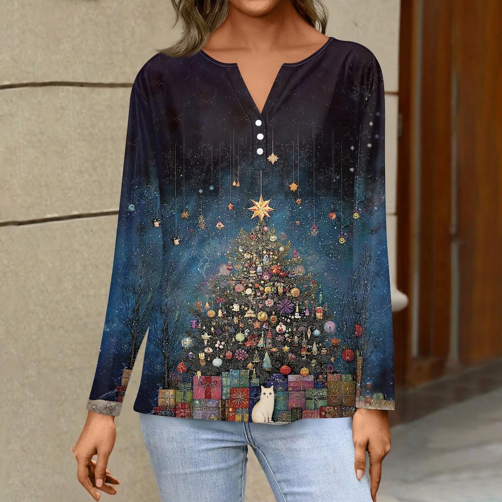 Women's Fashion Casual V-Neck Long Sleeve Decorative Button Christmas Print Top