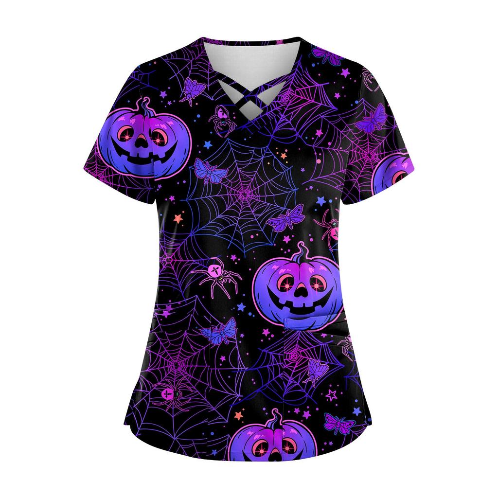 Плюс размерСкраб с принтом Рабочая форма Топы для женщин Крест V-образным вырезом Хэллоуин Принт с короткими рукавами Забавные футболки Спецодежда Футболка с карманами