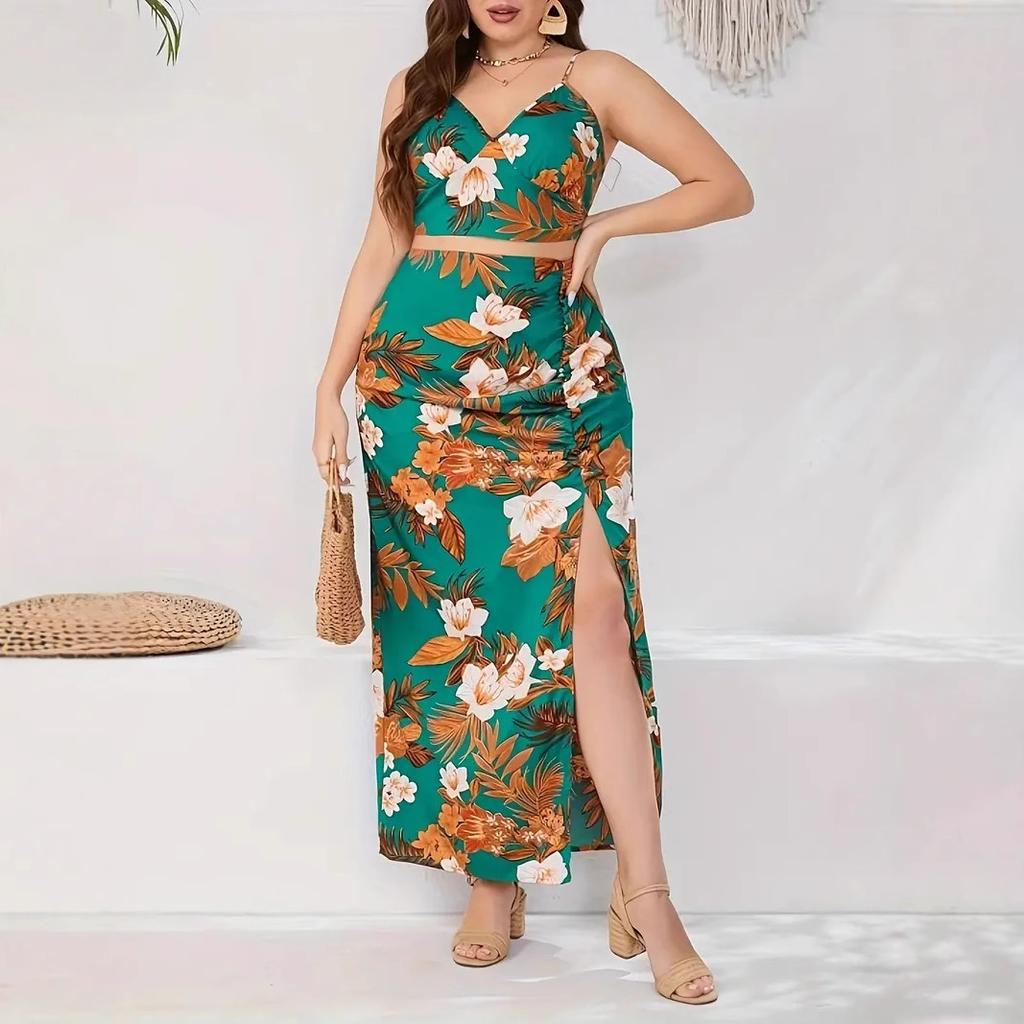 Women's Plus Size Camisole Top Printed Hem Split Sexy Halter Suit