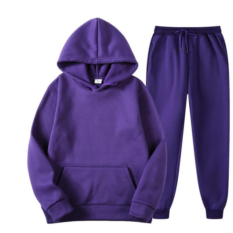 Autumn Winter Solid Color Sportswear 2-piece Hooded Sweatshirt Sweatpants with Plush Loose Casual Sweatshirt Set