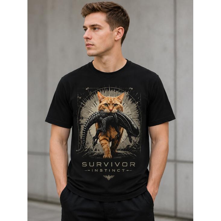 Men's black short-sleeve crew neck tee with humorous cat holding alien graphic, soft cotton feel, relaxed fit for casual daily wear