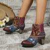 Осенние женские ботинки Этнические красочные с принтом Кожаные ботильоны Модные молнии Высокий каблук Ботильоны Сплайсинг Женская обувь
