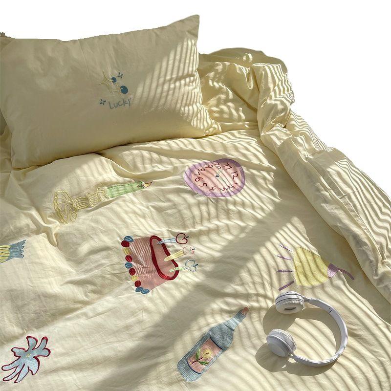 Стираный хлопок с вышивкой «девчачье сердце» из чистого хлопка, комплект из четырех предметов из стираного хлопка, простыня из чистого хлопка, пододеяльник