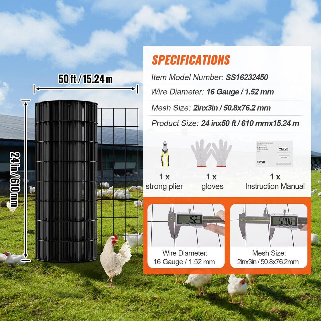 Hardware Cloth, 24'' x 50' Galvanized Wire Mesh Roll, 16 Gauge Chicken Wire Fence Roll, Vinyl Coating Metal Wire Mesh for Chicken Coop Barrier, Rabbit