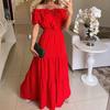 Women's Summer Off Shoulder Ruffle Maxi Dress Short Sleeve High Waist A-Line Dress Flowy Beach Long Dress