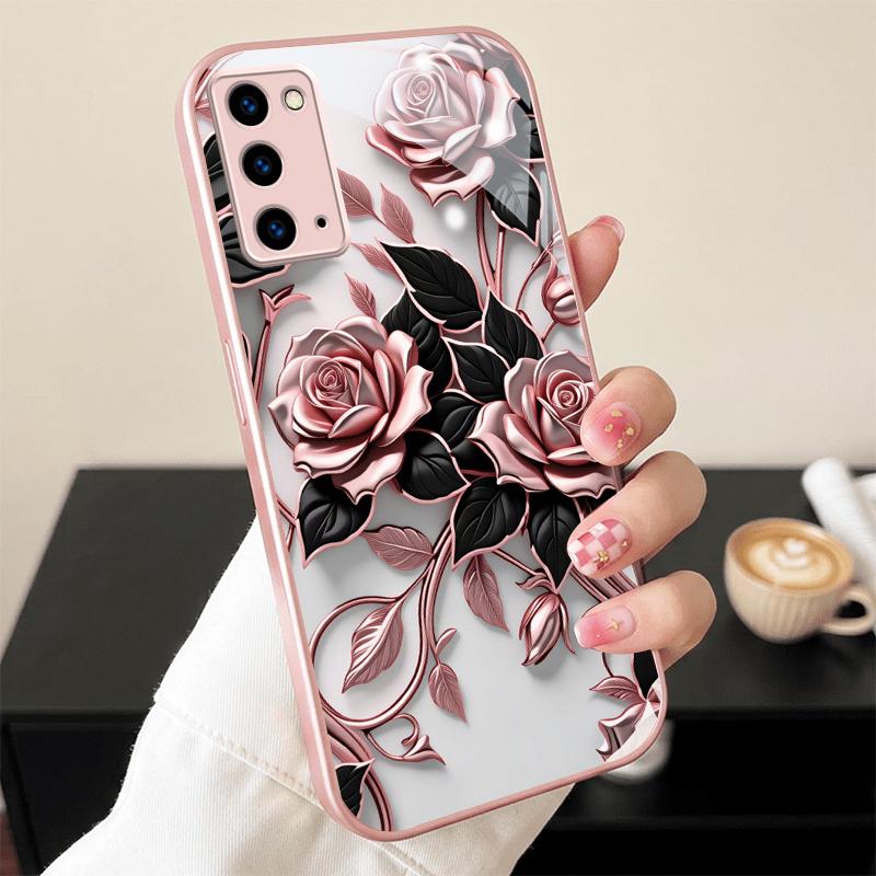 Черный Металлик Цветочный Розовый Металлик Стеклянный Чехол Для Телефона Для Samsung Galaxy S26 S25 S24 S23 Ultra Plus FE S8 S9 S10 Note8 9 10 Чехол