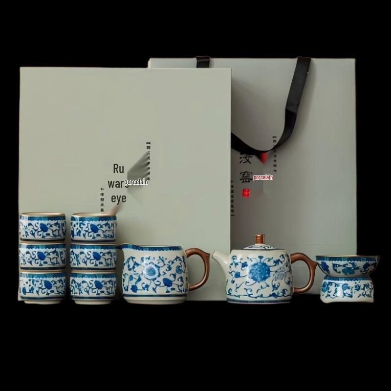 Цветочный сине-белый фарфоровый чайный набор из 10 предметов Kiln Tao Ding Xuan