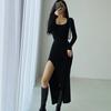YPFF New Autumn Women's Slim Fit High Slit Long Sleeve Dress - Elegant, Sexy Solid Color Skirt