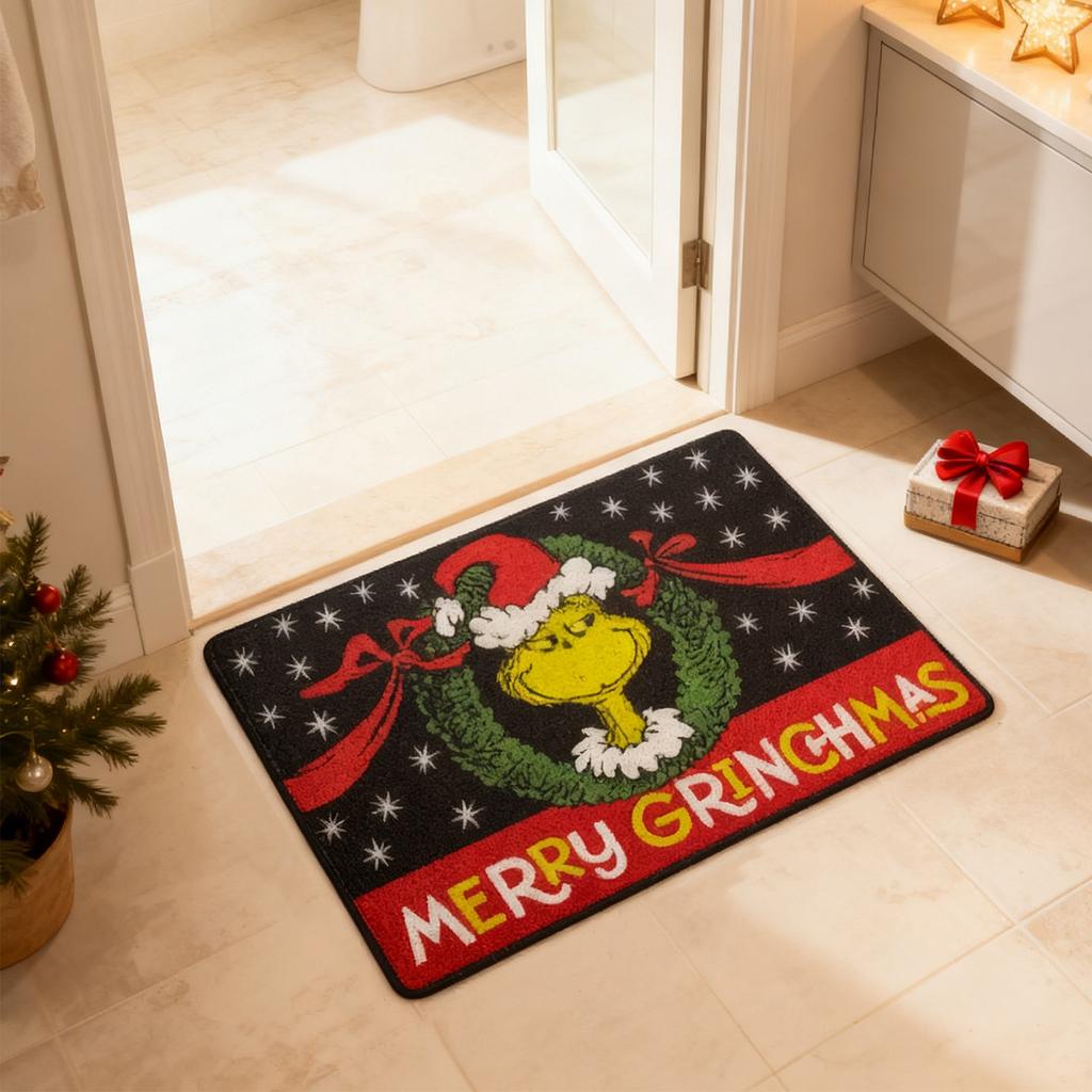 Christmas Cartoon Character Decorative Front Door Mat, Green Xmas Welcome Doormat Indoor Outdoor Non- Floor Entryway Rug, Funny Winter Holiday Home K