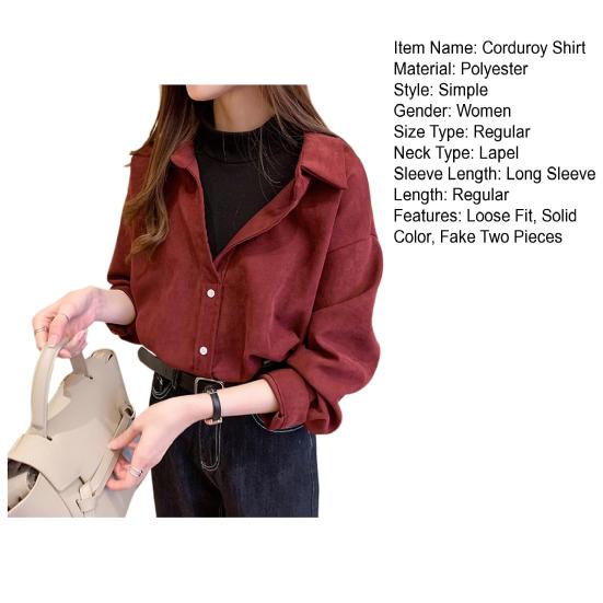 Women Corduroy Shirt Lapel Long Sleeve Single-Breasted Shirt Tops Bottoms Tops Layer Wear Commuter Style Shirt