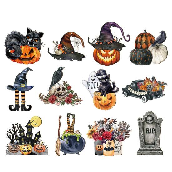 Halloween Wood Ornament for Tree Vintage Hanging Decoration Pumpkin Witch Black Cat Wooden Cutouts for Halloween Home Party Decor