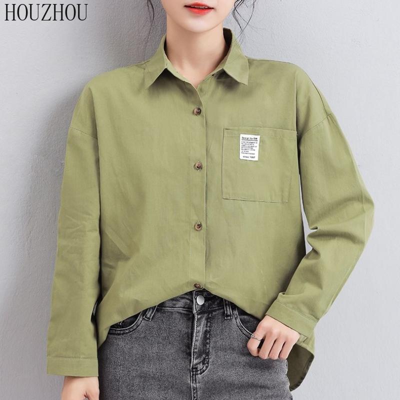 HOUZHOU белая рубашка женская с карманом и длинным рукавом размера плюс для студентов, милая корейская шикарная классика