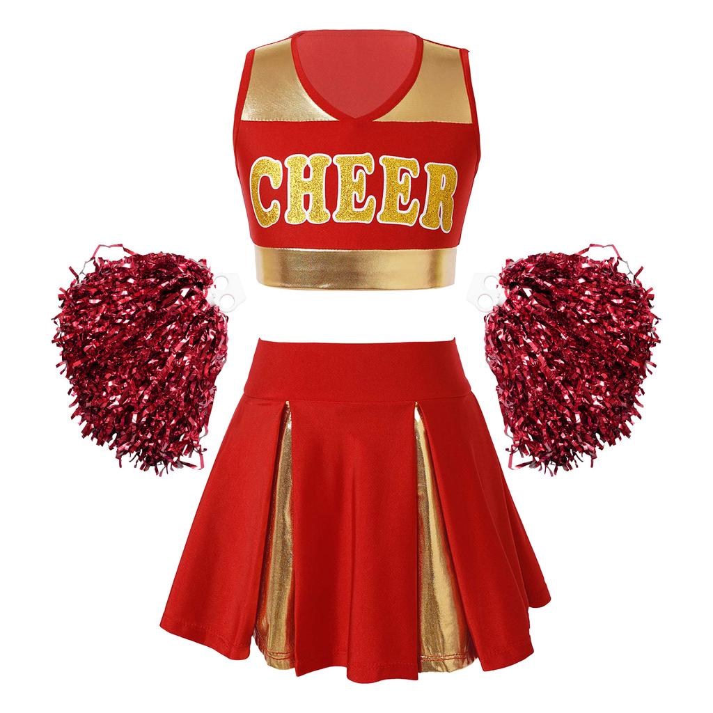 Girls Cheerleading Set Sleeveless V Neck Crop Top Letters Printed Pleated Skirt Flower Balls