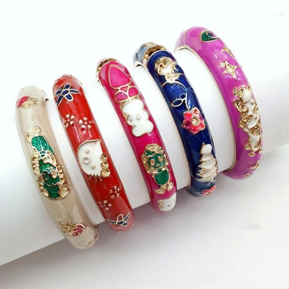 Traditional Peony Filigree Flower Bangle Enamel Women's Hand Bracelet Gifts for Women Girl